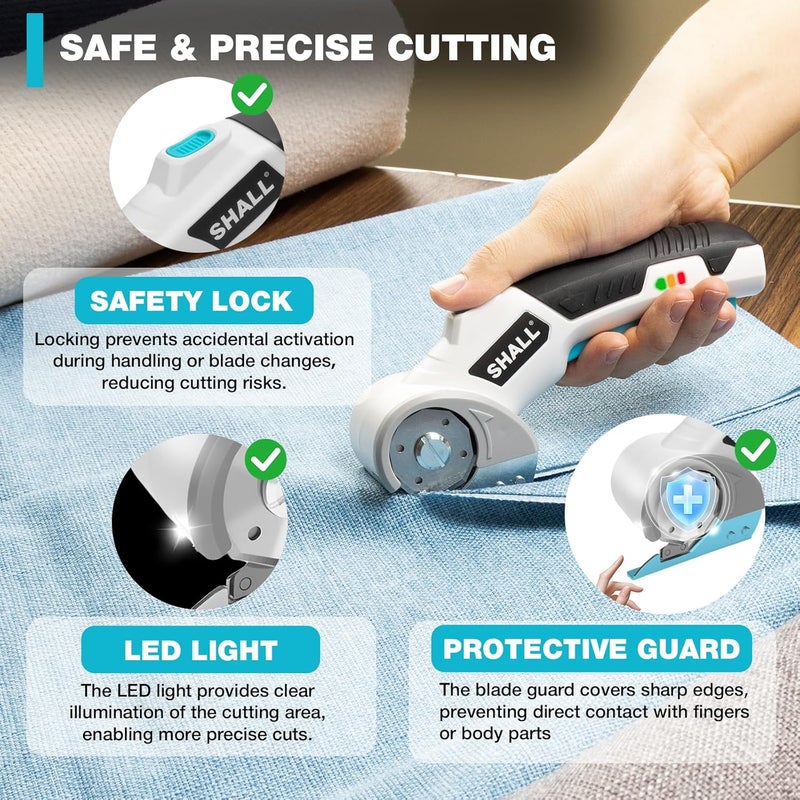 SHALL 4V Cordless Electric Scissors, Rechargeable Cardboard Cutter Rotary Electric Box Cutter w/Safety Lock, LED Light & Replacement Blade for Fabric, Leather, Carpet, Cardboard & Plastic, White/Blue - Image 3